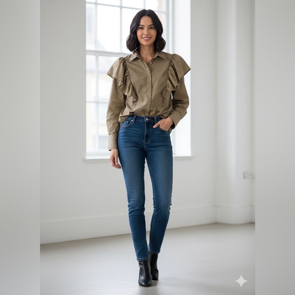 : Zara Khaki Olive Ruffle Statement Shoulder Button Down Shirt Poplin Size M